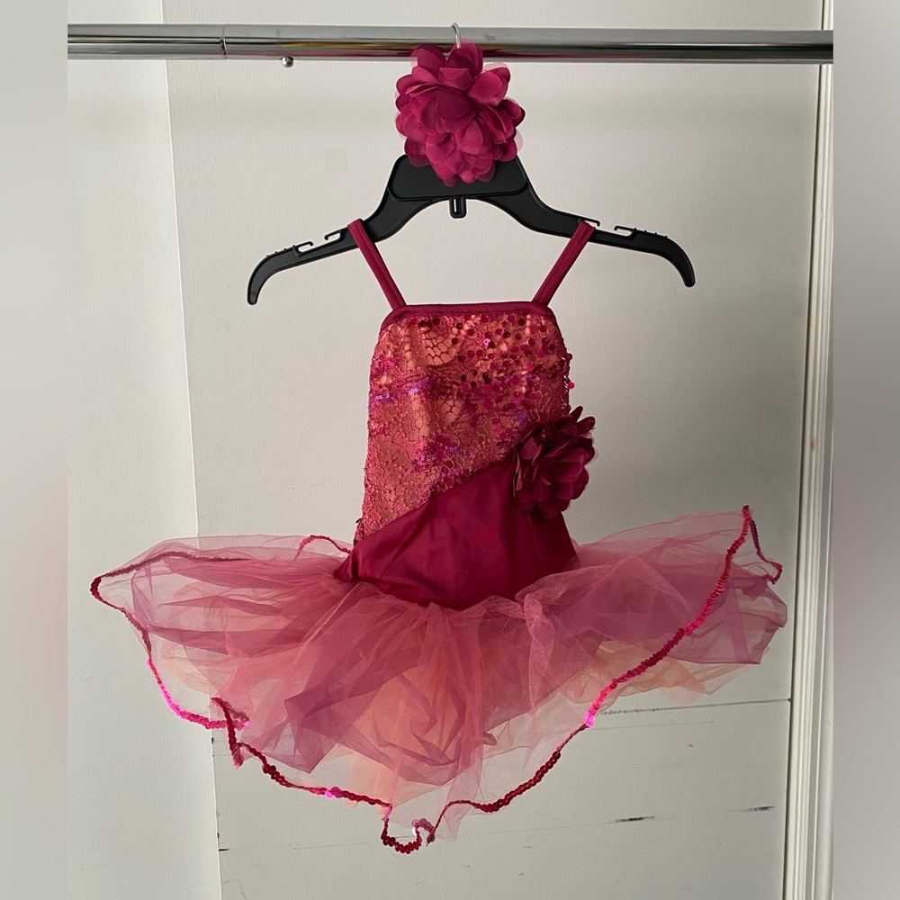 Lot of 2 Curtain Call Little Girls' Cerise Tutu Dance Costumes with Flower